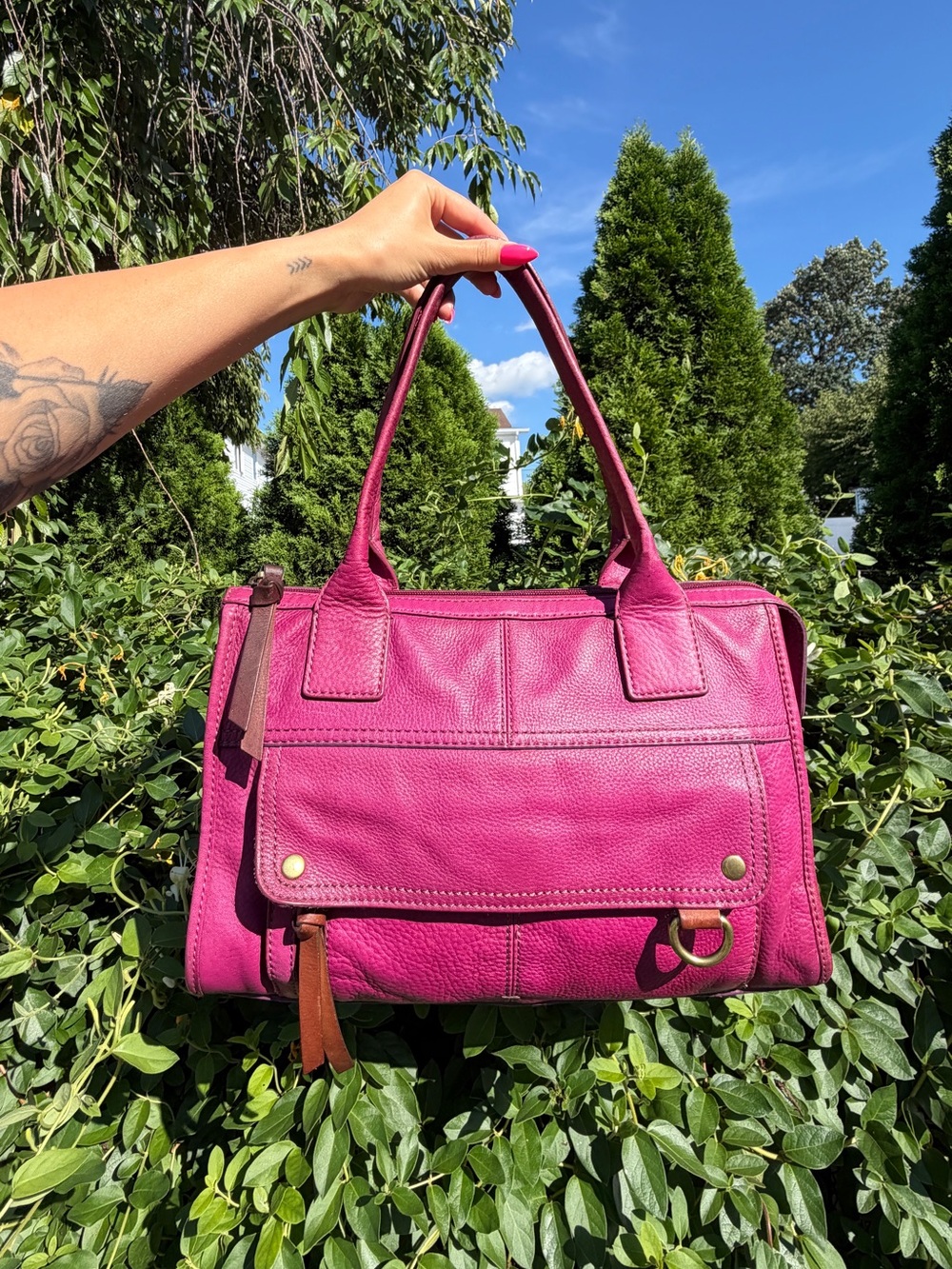 Vintage Fossil Magenta Leather Tote Shoulder Bag Y2K Boho Purse